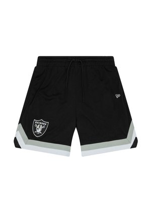 Black mesh shorts with an elastic waistband, drawstring, white and gray side accents, and a Raiders logo on the front left.