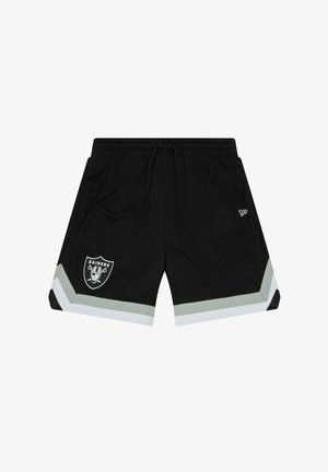 Mustad mustriga lühikesed püksid elastse piha, tõmbluku ja valgete ja hallide külgaktsentidega, samuti Raidersi logo esiküljel vasakul.