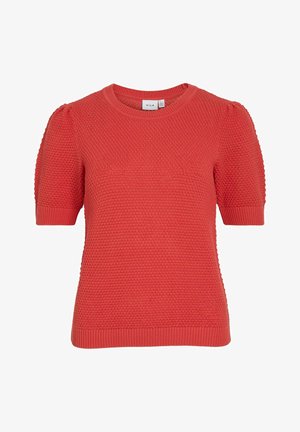 Korallfarbener Strickpullover mit kurzen Ärmeln, ausgestattet mit strukturiertem Stoff, geripptem Ausschnitt und Bündchen sowie einer leicht taillierten Passform.