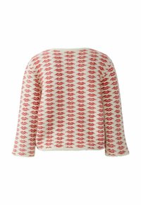 Pullover sweater in soft, textured cream material with a red repeating lip pattern. Features long sleeves and a relaxed fit.