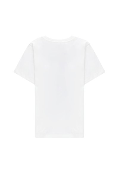 T-shirt bianco a maniche corte in cotone, con scollatura rotonda classica e una superficie liscia, senza fantasie o dettagli.