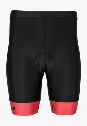 Mustat pyöräilyshortsit, joissa on tiukka muotoilu, punaiset yksityiskohdat helmoissa ja pehmustettu osa mukavuuden lisäämiseksi. Stretch-materiaali joustavuuden takaamiseksi.