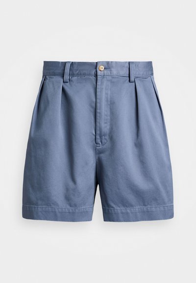 Gai zili kokvilnas šorti ar izšuvumiem, vienu koka pogu un gludu tekstūru. Taisna piegriezuma kājas un vienkārša apdare.