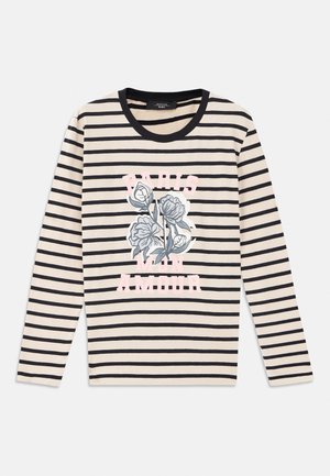 Striped long-sleeve shirt in beige and navy, featuring a floral graphic and text "PARIS MON AMOUR" in pink, with a round black neckline.