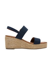 Sandale à talon compensé bleu marine avec deux brides, dotée d'une plateforme en jute tressé et d'une tige en cuir lisse. Semelle intérieure rembourrée pour plus de confort.