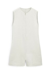 Light beige sleeveless romper, made of linen, with a round neckline and a central zipper detail. Curved hem at shorts for a relaxed fit.