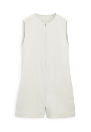 Light beige sleeveless romper, made of linen, with a round neckline and a central zipper detail. Curved hem at shorts for a relaxed fit.