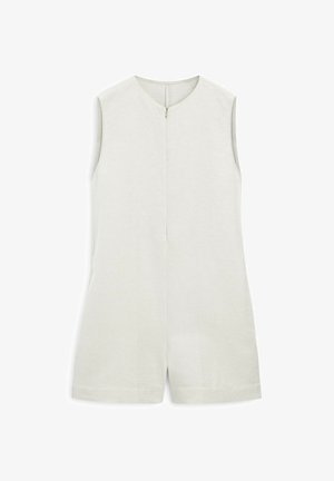Helle beigefarbene ärmellose Spielanzug, aus Leinen gefertigt, mit rundem Ausschnitt und einem zentralen Reißverschlussdetail. Abgerundeter Saum an den Shorts für eine lässige Passform.