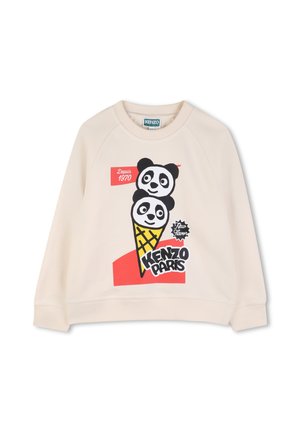 Sweatshirt couleur crème avec un graphisme représentant deux visages de panda empilés dans un cornet de glace, accents rouges, et le texte "Kenzo Paris".