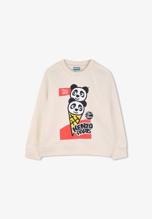 Sweatshirt couleur crème avec un graphisme représentant deux visages de panda empilés dans un cornet de glace, accents rouges, et le texte "Kenzo Paris".