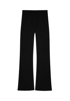 Black flared pants made of soft fabric, featuring an elastic waistband and a relaxed fit. Simple design with no visible patterns or accents.