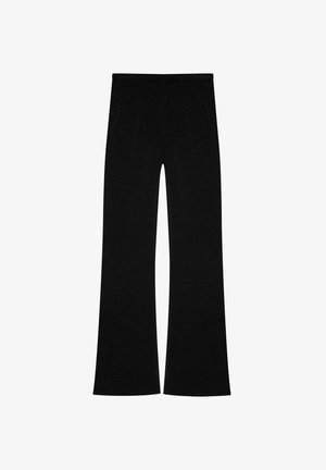Black flared pants made of soft fabric, featuring an elastic waistband and a relaxed fit. Simple design with no visible patterns or accents.