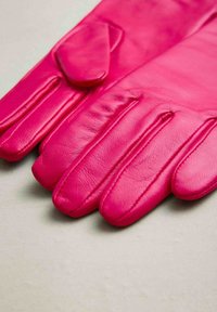 Pink leather gloves with four fingers and a thumb. Smooth texture with visible stitching and a raised accent on the back of the wrist.
