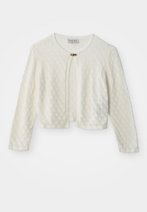 Λευκό πλεκτό κοντό ζακετάκι με μακριά μανίκια, στρογγυλή λαιμόκοψη και μικρό διακοσμητικό χρυσό κούμπωμα στο κέντρο πάνω.