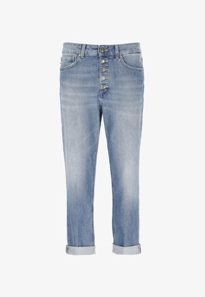 Jeans in denim blu chiaro con vita alta, dotati di un frontale con bottoni, orli arrotolati e un design classico a cinque tasche.