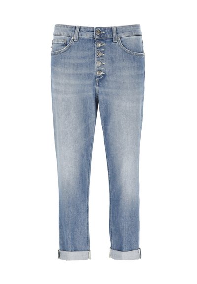 Jeans in denim blu chiaro con vita alta, dotati di un frontale con bottoni, orli arrotolati e un design classico a cinque tasche.