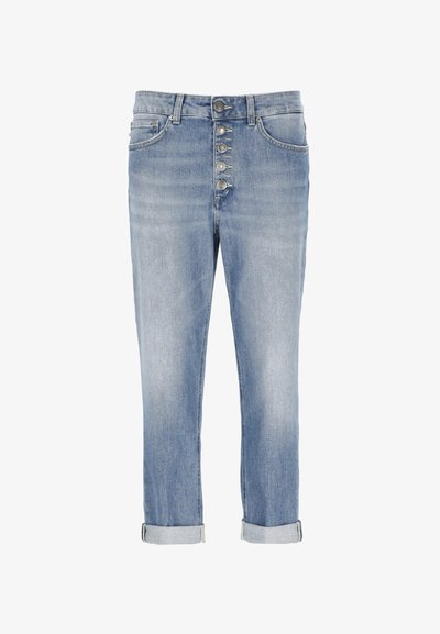 Jeans in denim blu chiaro con vita alta, dotati di un frontale con bottoni, orli arrotolati e un design classico a cinque tasche.