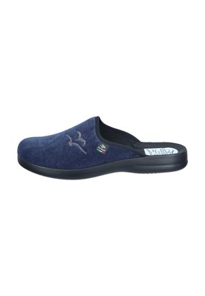 Navy blue textile clogs with a soft upper, cushioned black sole, and embroidered logo detail on the side. Slip-on design for easy wear.