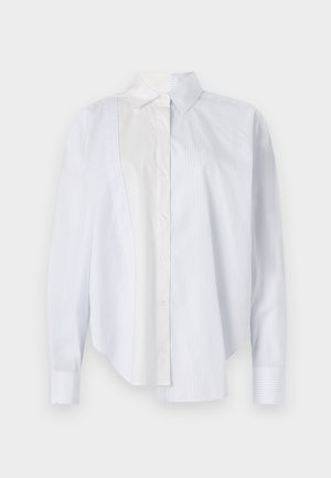 Striped button-up shirt in light blue and white, featuring contrasting solid white fabric on one side, classic collar, and long sleeves.