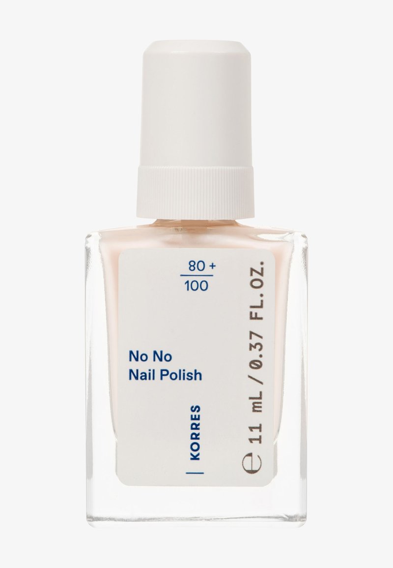 Bottiglia rettangolare in vetro trasparente con smalto per unghie rosa pallido etichettata "No No Nail Polish" di Korres, con tappo bianco, volume 11 ml.