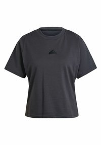 Camiseta de algodón gris oscuro con cuello redondo, mangas cortas y un pequeño logo negro de Adidas en el pecho. Textura suave y corte relajado.