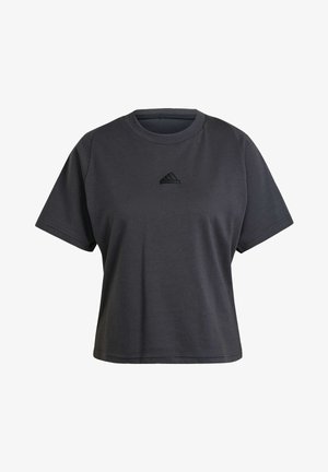 Donkergrijze katoenen T-shirt met een ronde hals, korte mouwen en een klein zwart Adidas-logo op de borst. Soepele textuur en een relaxed fit.