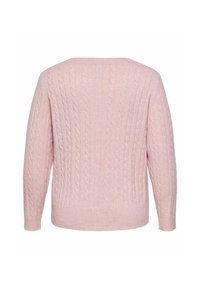 Pull en maille torsadée rose clair vu de dos avec manches longues et ourlets et poignets côtelés.