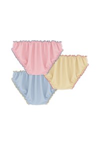 Τρία ζεύγη παιδικών βαμβακερών βρακακιών με βολάν σε ροζ, μπλε και κίτρινο, με οριζόντιες ρίγες και αντίθετο περίγραμμα.