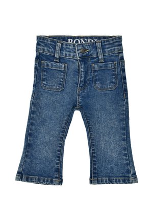 Toddler-sized blue denim jeans with front pockets, button closure, and slight flare at the legs.