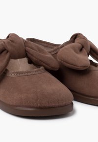 Chaussures en daim marron avec des orteils ronds, dotées de grands nœuds en tissu sur les côtés et d'une semelle en caoutchouc plate. Texture douce et design simple.
