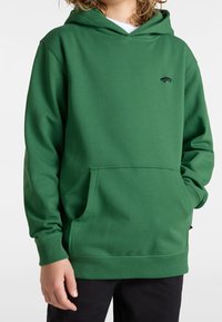 Groene hoodie gemaakt van een katoenmix, met een voorzak en een klein zwart logo. Gladde textuur, ontspannen pasvorm en verstelbare capuchon.