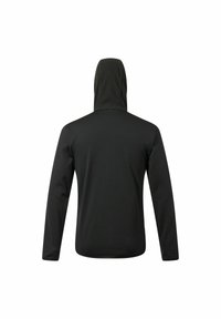 Zwarte hoodie met lange mouwen, textuurstof, ontspannen pasvorm en geen zichtbare hardware. De achterkant toont een naadloos ontwerp.