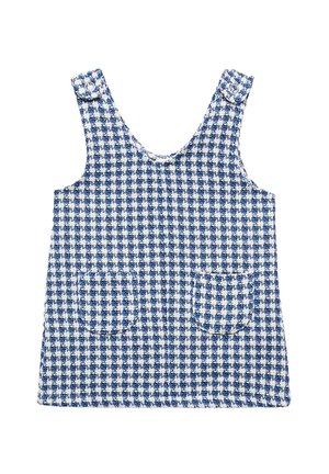 Blå og hvid ternet ærmeløs top med to forlommer, lavet af struktureret stof, med rund udskæring og knapdetaljer på stropperne.