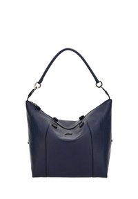 Borsa a spalla in pelle blu navy caratterizzata da una forma strutturata, doppio manico superiore, cerniera decorativa e dettagli di cucitura sottili.