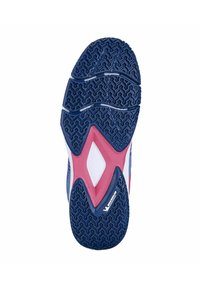 Semelle de chaussure avec une surface en caoutchouc bleu texturé, comportant des accents roses et un insert blanc, conçue pour l'adhérence et la stabilité.