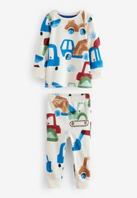 Ensemble de pyjama deux pièces en coton doux. Le haut présente des manches longues et des motifs de véhicules colorés ; le pantalon a des designs assortis avec des poignets.