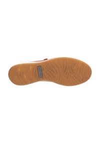 Rubber shoe sole with a wavy texture, featuring a tan color and a white edge. Includes a silver logo detail near the center.