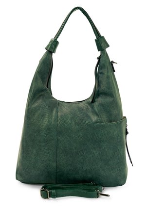 Dunkelgrüne strukturierte Lederschultertasche mit kurzem Henkel und abnehmbarem langem Trageriemen, mit Außentaschen und Reißverschluss-Details.