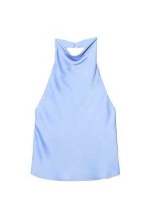 Top azzurro chiaro senza maniche con scollo all'americana arricciato e piccolo fermaglio a occhiello sul retro.