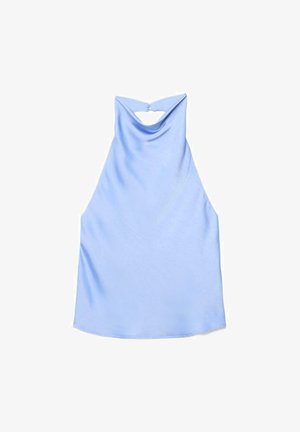 Svetlo modra zgornja majica brez rokavov z ovratnikom na vrvico, nabranim vratnim izrezom in majhnim ključavničnim zapiranjem na hrbtu.