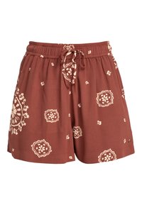 Shorts marroni con motivo, realizzati in tessuto leggero. Presentano una vita elastica, un cordino regolabile e motivi floreali di colore crema.