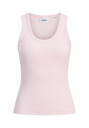 Svetloružový rebrovaný top bez rukávov s okrúhlym výstrihom a širokými ramennými popruhmi. Vyrobený z mäkkého, elastického materiálu pre pohodlie.
