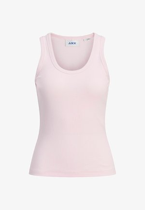 Lyserød ribbet tanktop med rund halsudskæring og brede skulderstropper. Fremstillet af et blødt, elastisk materiale for komfort.