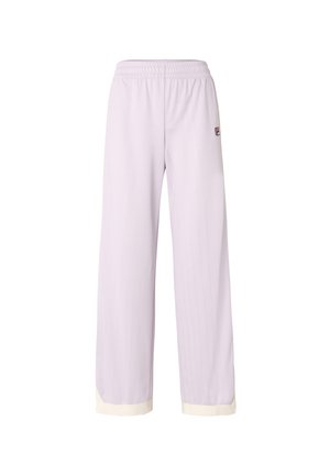 Lichtpaarse wijde broek met verticale streepjes, elastische tailleband en crèmekleurige boorden. Klein logo op de heup. Soepele textuur.