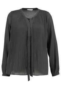 Blouse noire à manches longues avec des plis verticaux sur le devant, col rond et détails à nouer tombant librement au centre.