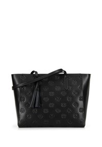 Borsa a tracolla in pelle nera con motivi floreali e geometrici in rilievo, caratterizzata da un lungo dettaglio a nappina e una singola tracolla.