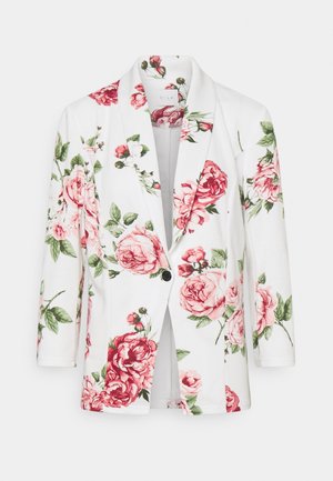 Hvid blazer med stort pink rose- og grønt bladblomstermønster, enkelt sort knaplukning og reverskrave.
