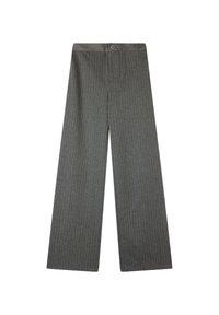 Szare spodnie typu wide-leg z delikatnym wzorem w prążki, zapięciem na guzik i dwiema przednimi kieszeniami. Wykonane z miękkiego, textured materiału.