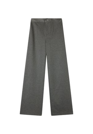 Szare spodnie typu wide-leg z delikatnym wzorem w prążki, zapięciem na guzik i dwiema przednimi kieszeniami. Wykonane z miękkiego, textured materiału.