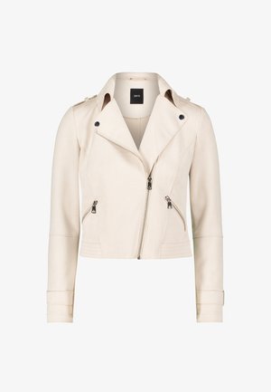 Beige nepleer jack met ritsen, drukknoopsluitingen en schouderepauletten. Heeft een cropped ontwerp en gestikte details op de mouwen.